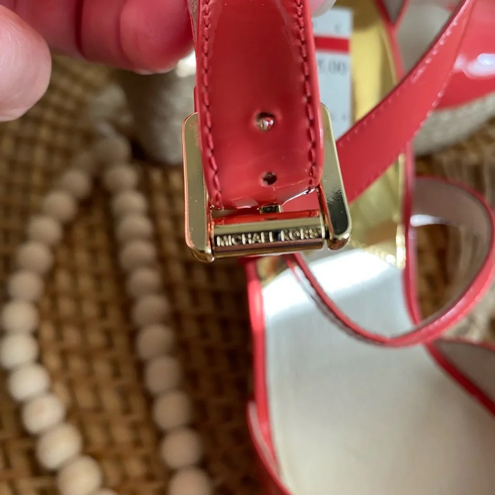 NEW Michael Kor Damita Salmon Leather Wedge Espadrille Sandals Playform - Picture 7 of 10